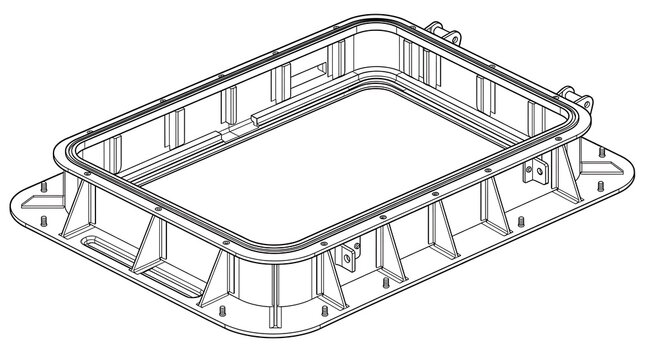 Technical engineering drawing of rectangular industrial access hatch frame component