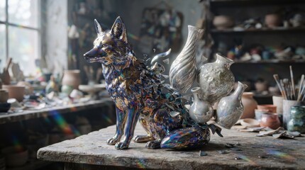 Naklejka premium Iridescent ceramic fox sculpture merging with pottery vases in artist workshop