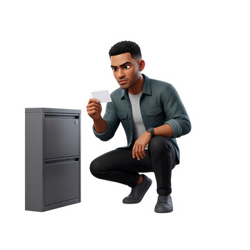 Suspicious 3D character of an investigating man crouching by a filing cabinet examining a clue