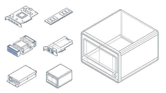 Isometric computer hardware components set featuring motherboard parts and empty pc case outline