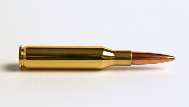A single brass bullet cartridge with a copper projectile on a white background.
