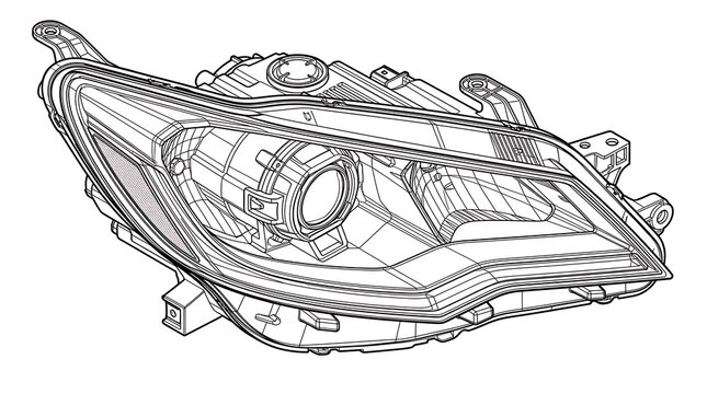 Technical line drawing of a modern automotive headlight assembly component