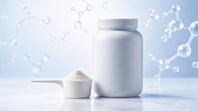 Unbranded protein powder container and scoop with molecular structures for peptide nutrition concept