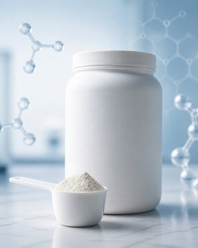 White protein powder jar and measuring scoop with molecular science background