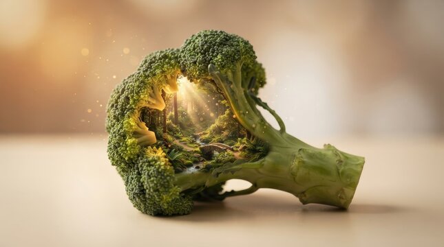 Broccoli head containing a miniature forest landscape