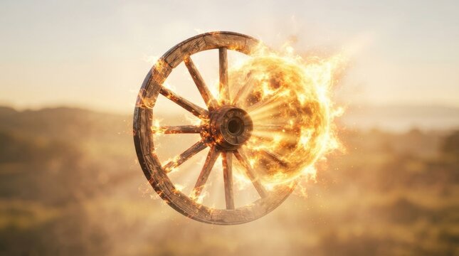 Wooden wagon wheel engulfed in flames