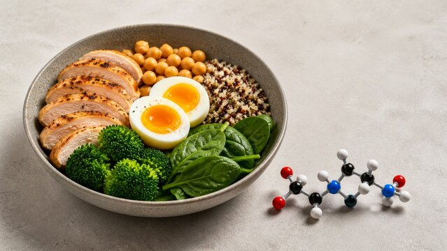 High-protein meal bowl with chicken, eggs, quinoa, chickpeas, spinach and broccoli