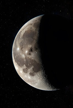 First quarter moon phase with visible craters and lunar surface details against a dark starry sky, the celestial body is set against a deep black sky filled with distant stars