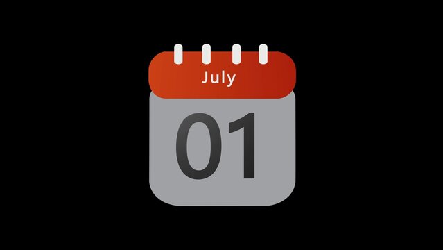 Minimalist digital calendar displaying the first day of july isolated on a solid black background, featuring a clean red header and a grey square body with bold dark grey number zero one