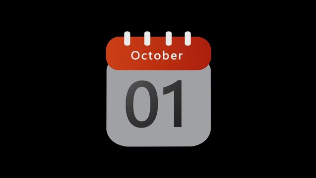 Minimalist digital calendar displaying the first day of october isolated on a solid black background, featuring a clean red header and a grey square body with bold dark grey number zero one
