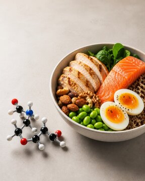 Protein-rich bowl with chicken, salmon, egg, quinoa, greens and molecular model