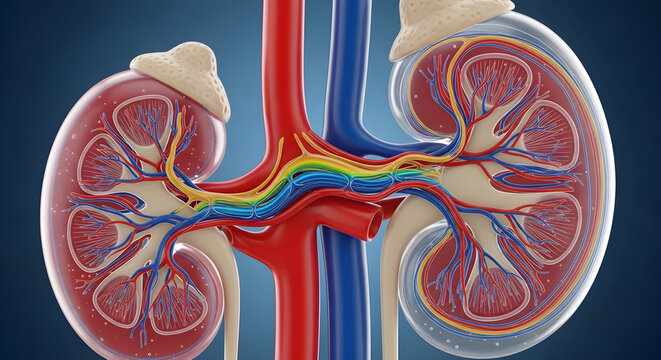 3D render of human kidneys with colorful blood vessels and ureter for medical illustration.