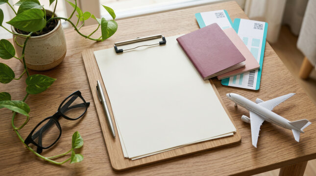 Travel planning vacation passport boarding pass airplane document clipboard pen eyeglass desk Cozy travel planning scene with passport boarding pass airplane model clipboard pen and eyeglass