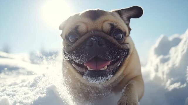 A cheerful pug dog running through a snowy landscape with sunlight shining on it.