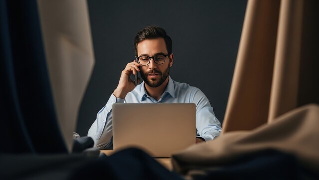 Man talking on phone at laptop, surrounded by fabric samples