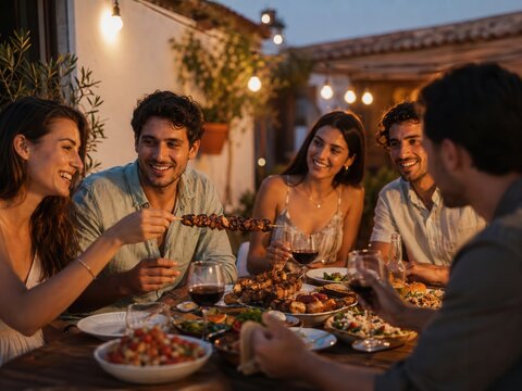 Freunde genie&szlig;en gemeinsam Schaschlik an einer festlich beleuchteten Tafel im Freien. Sommerabend, gute Stimmung und geselliges Essen schaffen eine warme BBQ-Atmosph&auml;re.