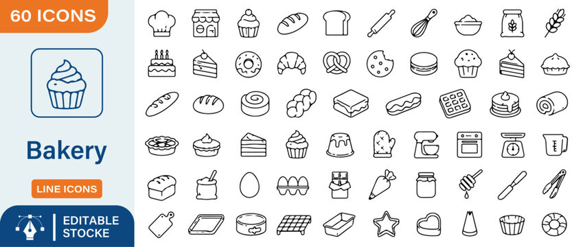 60 Bakery Vector Outline Icons Set &ndash; Bread, Cake, Cupcake, Pastry, Donut, Baking Tools and Dessert Line Symbols Collection