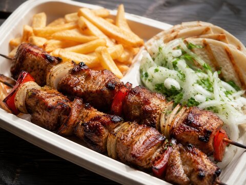 Schaschlik mit Pommes, marinierten Zwiebeln und Fladenbrot in einer Take-away-Schale. Herzhaftes Streetfood und beliebtes Imbissgericht mit rustikalem Grillcharakter.