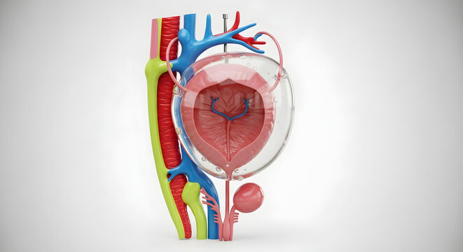 Anatomical 3D model of human bladder, urethra, and associated blood vessels on white background.
