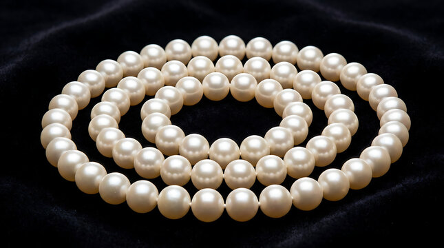 Elegant white pearl necklace coiled on a dark velvet surface with necklace accessory gemstone circular lustrous precious ornament valuable minimalist