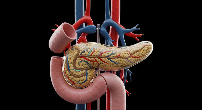 Anatomical illustration of human pancreas with surrounding digestive organs and blood vessels.
