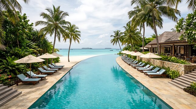 Luxurious tropical resort with an infinity pool overlooking a pristine white sand beach and turquoise ocean waves