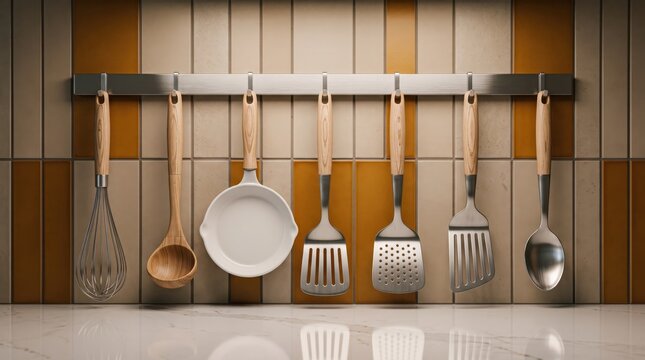 Modern kitchen utensils hanging on a metal rack over a tiled wall for culinary website banner and home blog theme