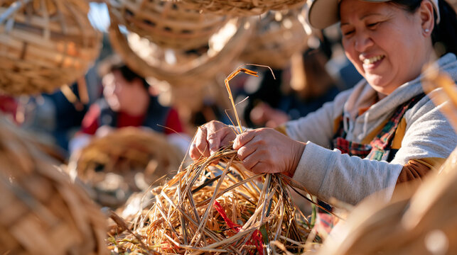 Rush weaver at work in a crowded rural market square, hands moving rapidly through interconnected strands of wetted rushes, customers watching the ecosystem of craft come alive, partially finished b