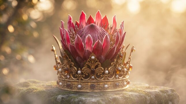 King Protea flower blooming inside an ornate antique gold crown on a stone pedestal