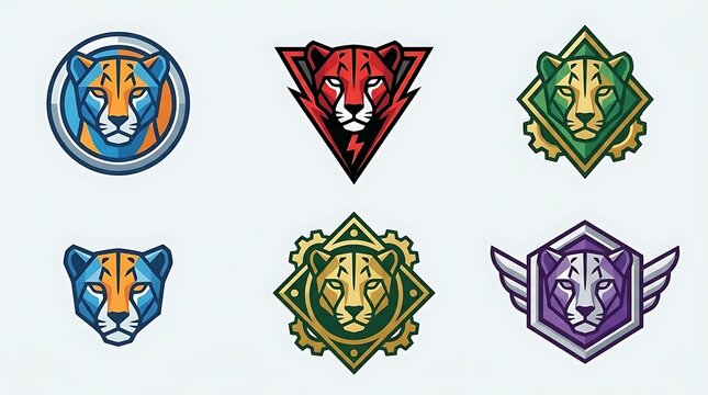 Collection of stylized feline mascot head icons.