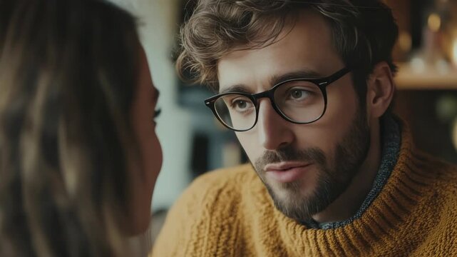 A close-up of a man engaged in discussion with another person. He is wearing eyeglasses and a patterned sweater. The background is blurred but suggests an indoor setting.