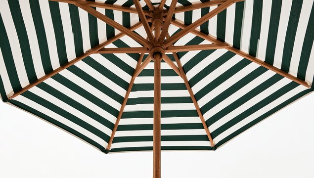 Underside View of a Striped Patio Umbrella with Wooden Frame.