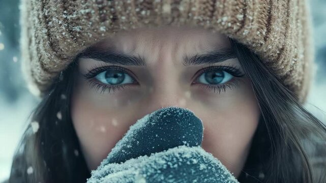 Woman in winter hat with snow on her face and hands looking sad or concerned.