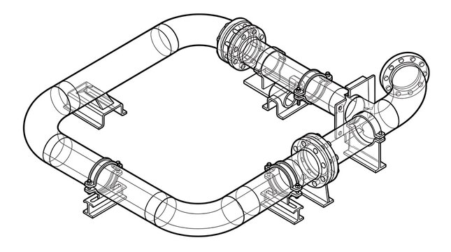 Technical isometric cad drawing of industrial piping system with flanges