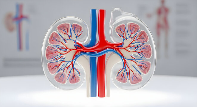 Detailed 3d model of a human kidney showing its internal structure and blood supply.