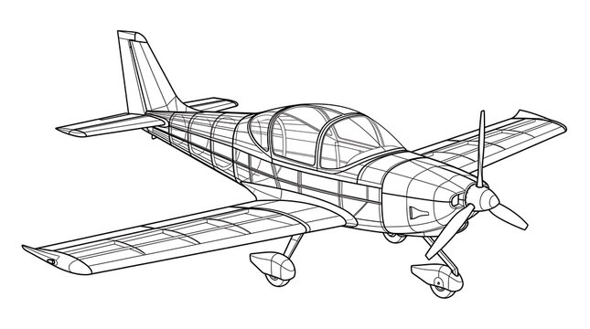 Technical line drawing of a single engine propeller airplane wireframe model