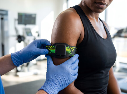 Sports medicine specialist adjusting wireless electronic muscle stimulation strap on upper arm of woman during fitness performance testing