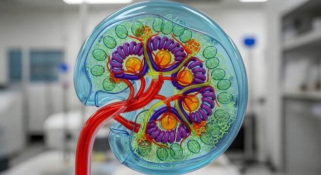 Detailed 3d model of a human kidney with internal structures in a medical lab background.