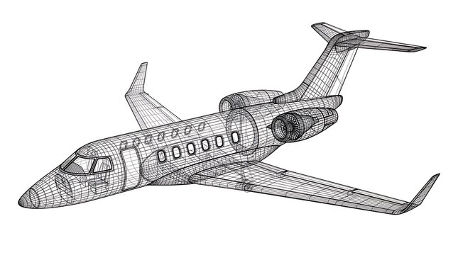 Wireframe digital blueprint of a private business jet aircraft concept