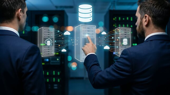 Data center administrators monitor cloud server infrastructure digital connections with illuminated schematic diagrams to optimize network storage management systems.
