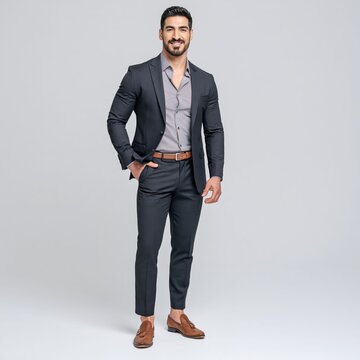 Attractive full-body businessman standing in a formal business attire and suit smiling confidently in a clean studio setting, for professional and corporate concepts.