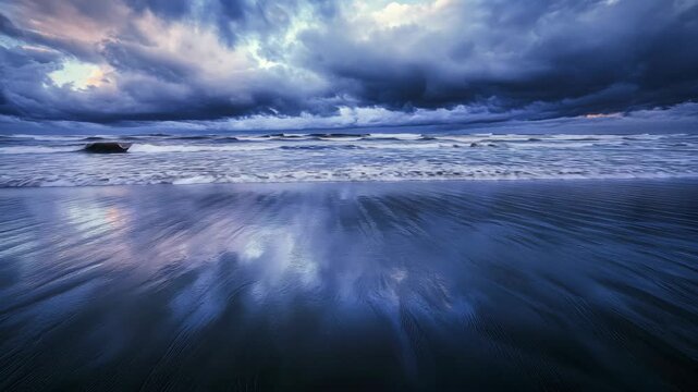 Storm clouds gather over a turbulent sea with rolling waves and dark skies.