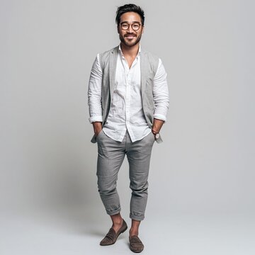 Attractive full-body businessman standing in a formal business attire and suit smiling confidently in a clean studio setting, for professional and corporate concepts.