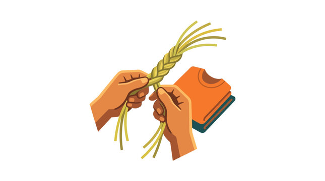 Hands braiding sweetgrass with stack of orange shirts