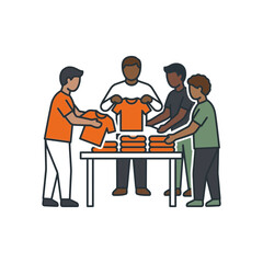 Fototapeta premium Group of people folding orange shirts on a table together