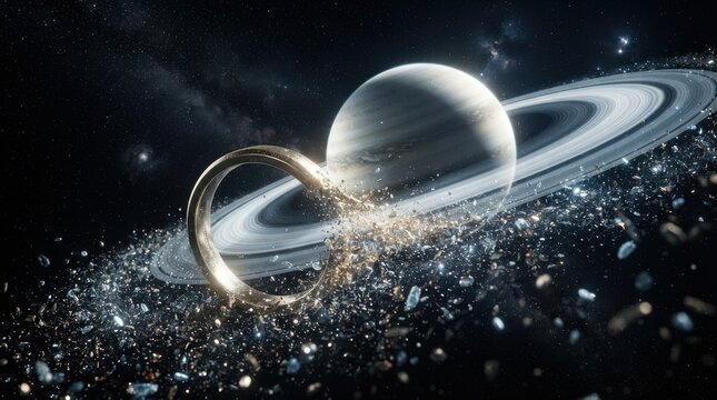 Golden ring disintegrating into space debris in front of a planet with rings