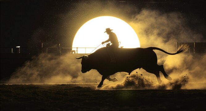 Silhouette of a cowboy riding a powerful bucking bull in a dusty arena against a massive glowing moon, capturing the intense energy and dramatic action of a traditional western rodeo.