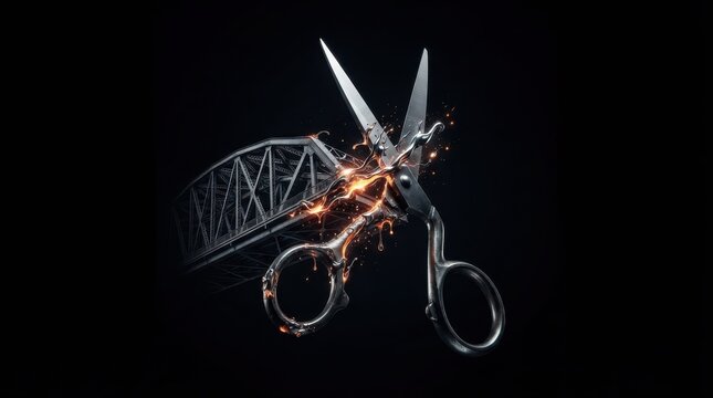 Metal scissors cutting a structural steel bridge