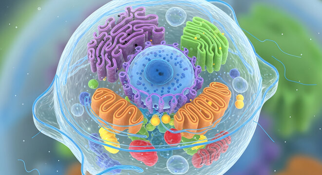 Human cell structure as 3d animation of a living organism with complex internal details.