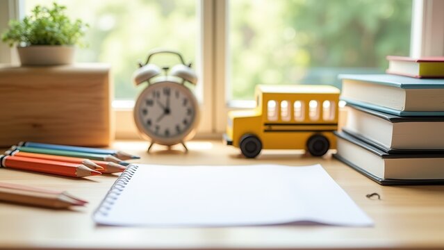 bright back to school scene setup on light wood desk with colorful pencils vintage bus toy textbooks and analog clock for education marketing copy space